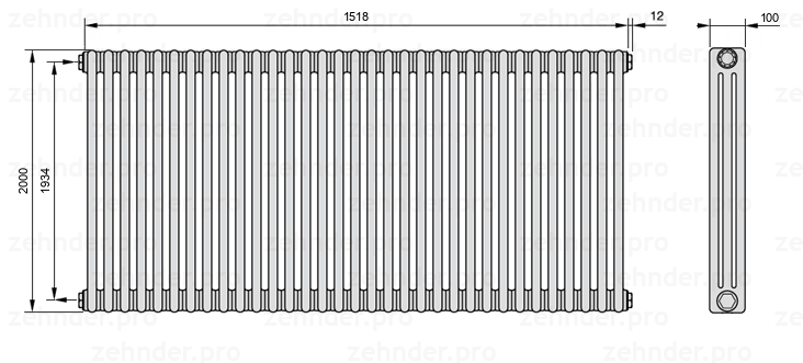 Схема (чертеж) Радиатор Zehnder Charleston 3200/33 №1270 Белый глянцевый RAL 9016